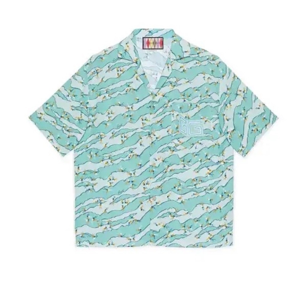 Gucci Lovelight Viscose Bowling Shirt Sz 46 Light Blue Orig. $1150